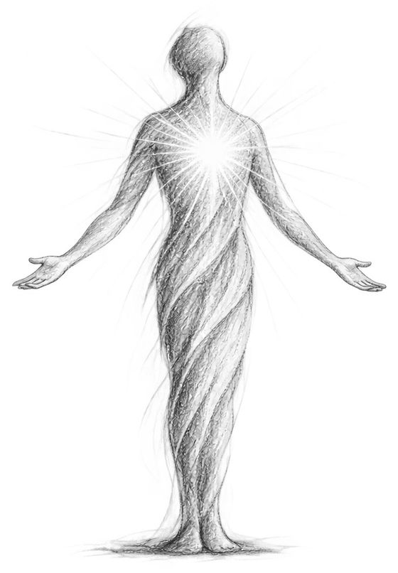 Desenho a lápis de uma figura de braços abertos, com luz no peito