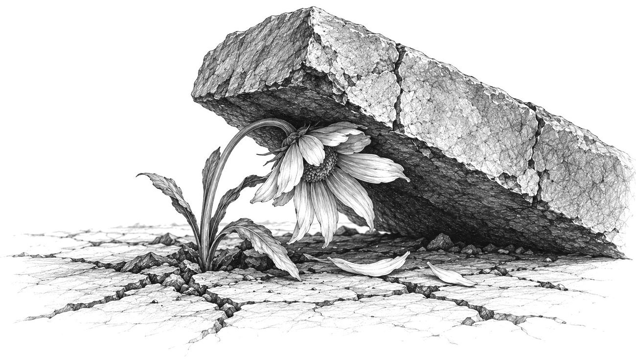 Desenho a lápis de uma flor esmagada por um bloco de pedra