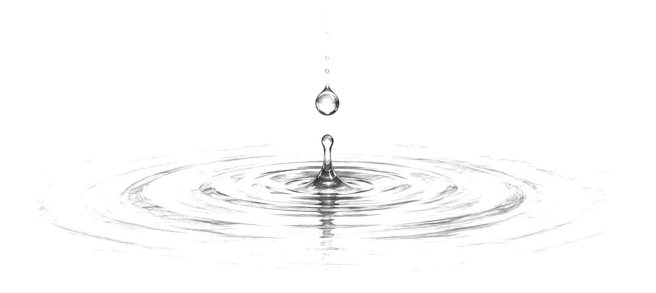 Desenho a lápis de uma gota de água a cair e a formar círculos