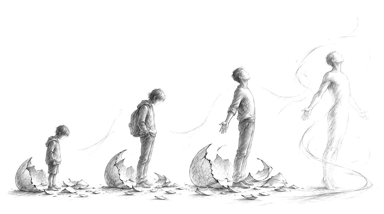 Desenho a lápis de uma figura que sai de cascas partidas, da infância à plenitude